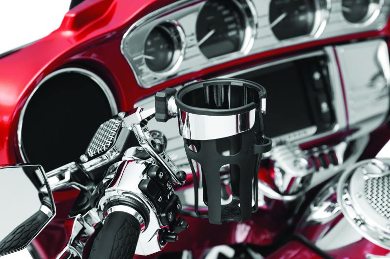 Kuryakyn Reflex Drink Holder Perch Mount in chrome, adjustable beverage mount for powersports vehicles, securely attaching to handlebars.