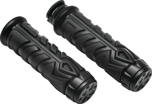 Kuryakyn Spear Grips for Indian Scout with arrowhead end caps, modern vibration reduction, black finish, stylish motorcycle handlebar grips