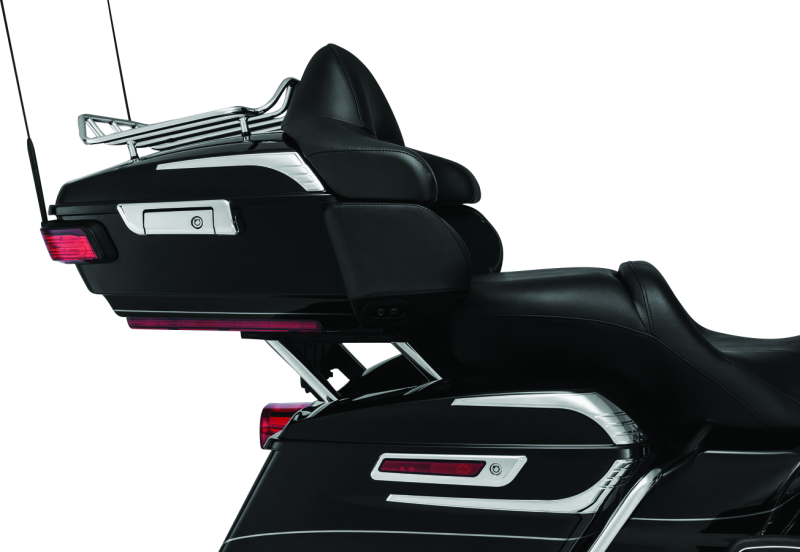 Kuryakyn Relocator for 14-Up Tour-Pak on touring motorcycle, black finish, showing mounting hardware and installation details