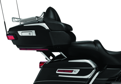 Kuryakyn Relocator for 14-Up Tour-Pak on touring motorcycle, black finish, showing mounting hardware and installation details