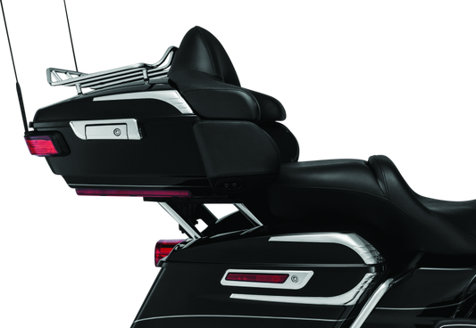 Kuryakyn Relocator for 14-Up Tour-Pak on touring motorcycle, black finish, showing mounting hardware and installation details