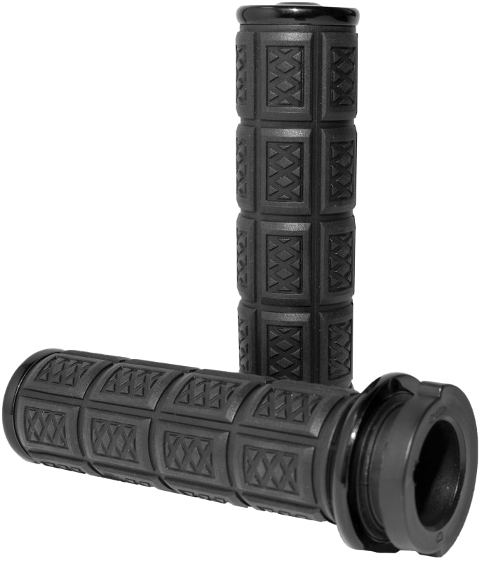 Kuryakyn Enygma Throttle-by-Wire grips in glossy black for motorcycle handlebars, part #10035-2, with textured surface and ergonomic design.