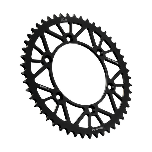JT RaceLite aluminum 49-tooth rear sprocket for Kawasaki and Suzuki motorcycles, designed for lightweight performance.