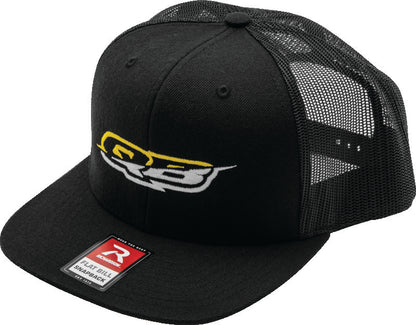 QuadBoss logo flatbill cap in classic trucker style with adjustable snapback, featuring a curved brim and breathable mesh panels.