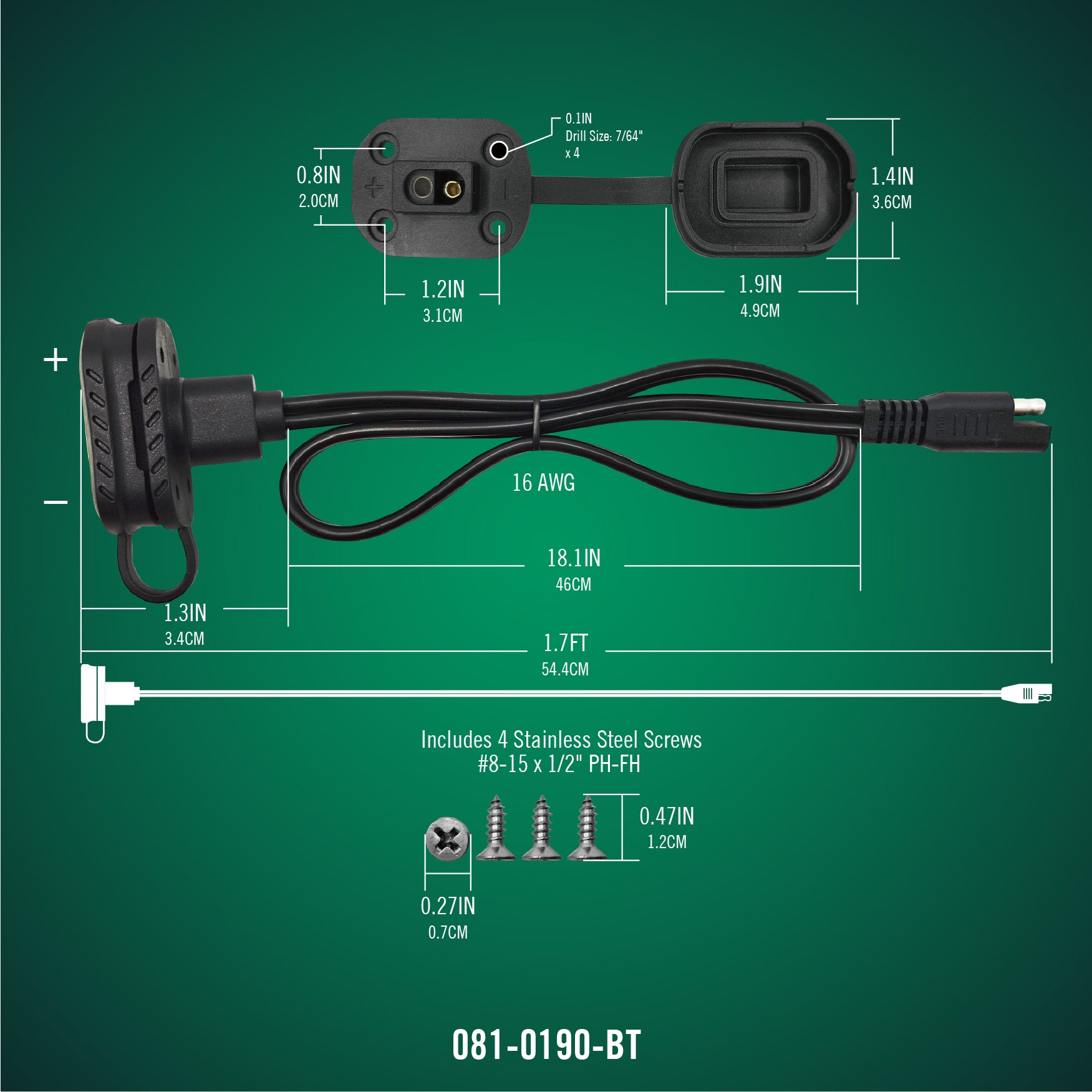 Battery Tender 081-0190-BT quick disconnect cable mount for easy battery connections on a Battery Tender device.