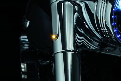 Kuryakyn Kellermann Atto clear lens amber LED motorcycle indicator lights in satin black finish, compact and sleek design.