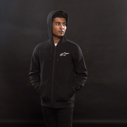 Alpinestars Ageless zip hoodie in black and white, large size, featuring a front zipper, casual style, and brand logo on the chest.