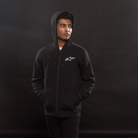 Alpinestars Ageless zip hoodie in black and white, large size, featuring a front zipper, casual style, and brand logo on the chest.