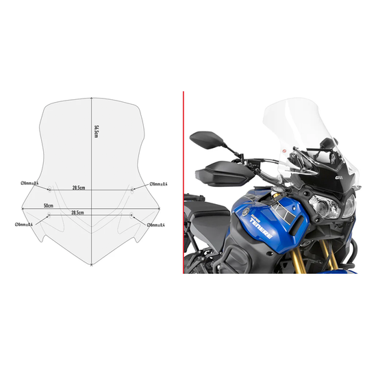 GIVI D2119ST clear and smoke motorcycle windshield mounted on Yamaha motorcycle, showcasing aerodynamic design and sturdy build.