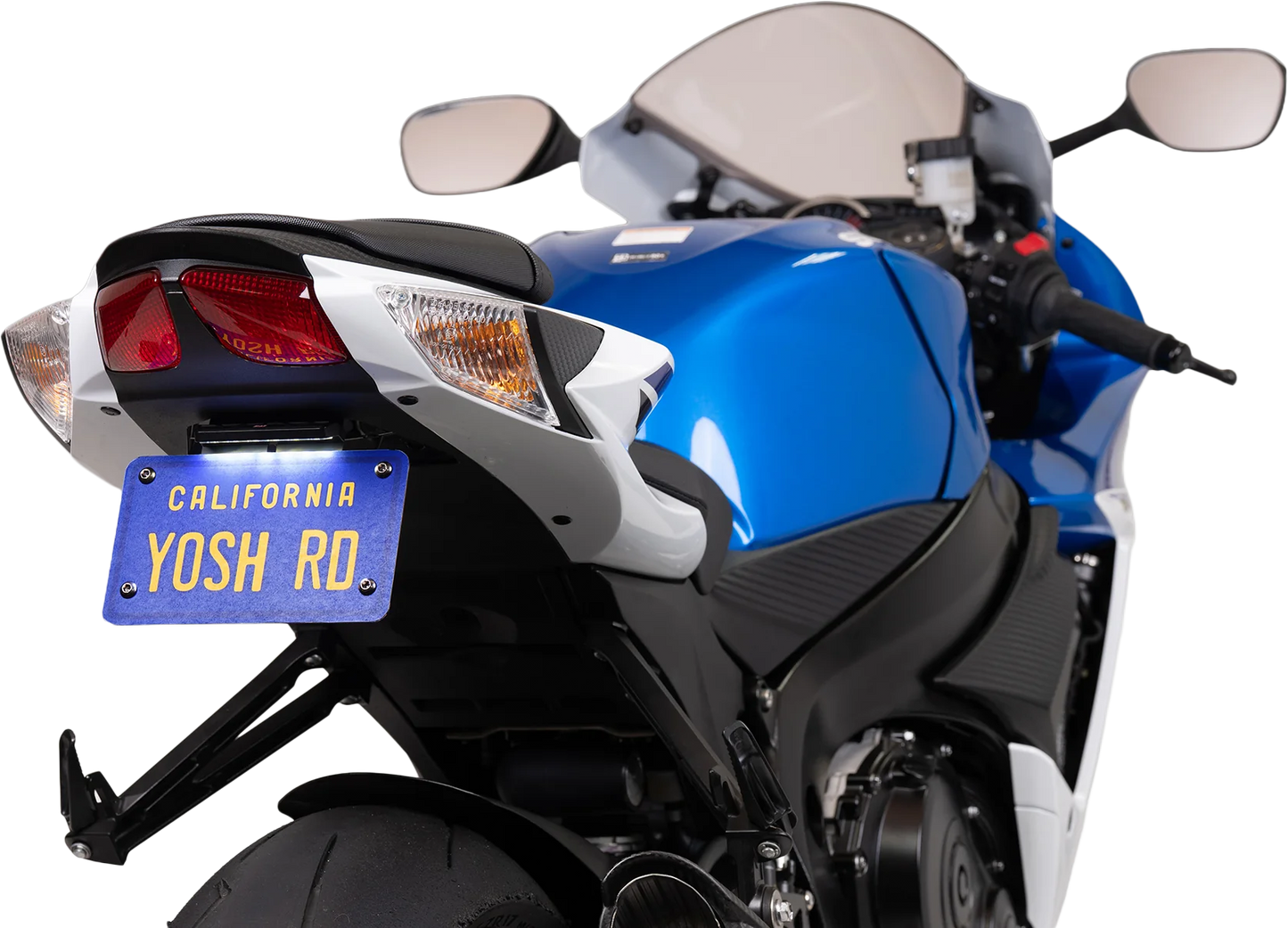 YOSHIMURA Fender Eliminator V2 Base for Suzuki GSX-R600/750 motorcycle, showing sleek black design and mounting hardware.