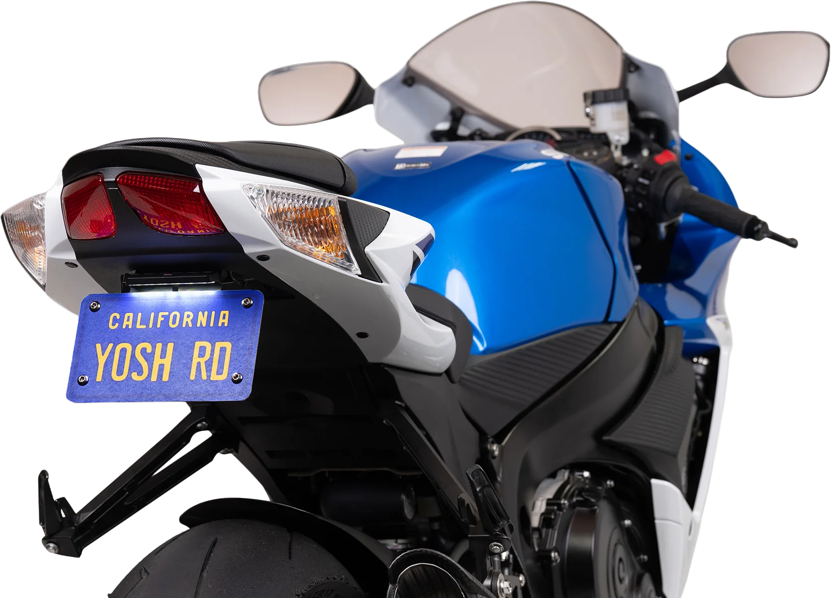 YOSHIMURA Fender Eliminator V2 Base for Suzuki GSX-R600/750 motorcycle, showing sleek black design and mounting hardware.