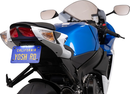 YOSHIMURA Fender Eliminator V2 Base for Suzuki GSX-R600/750 motorcycle, showing sleek black design and mounting hardware.