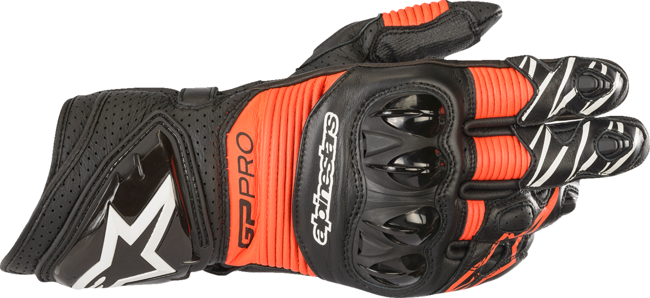Alpinestars GP Pro RS3 motorcycle gloves in black and fluo red, small size, showing reinforced knuckles and textured palm grip.