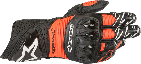 Alpinestars GP Pro RS3 motorcycle gloves in black and fluo red, small size, showing reinforced knuckles and textured palm grip.