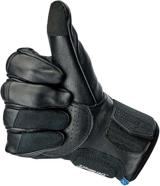 Black BILTWELL Belden Gloves in XS size, made by Bill's Exhausts, featuring a snug fit and durable leather material.