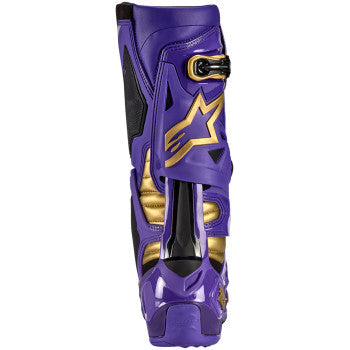 Alpinestars Salt Lake Tech 10 motorcycle boots in purple, gold, and black with protective design, US size 10, on a neutral background.