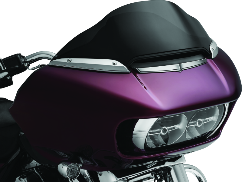 Kuryakyn chrome windshield side trims for Harley-Davidson Road Glide 2015-2021, showcasing sleek, polished chrome finish on motorcycle.