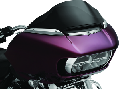 Kuryakyn chrome windshield side trims for Harley-Davidson Road Glide 2015-2021, showcasing sleek, polished chrome finish on motorcycle.
