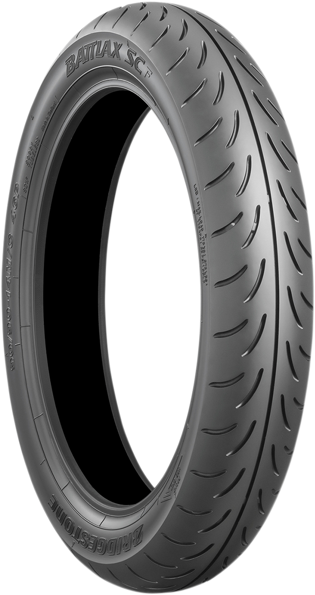 BRIDGESTONE Battlax SC front scooter tire 110/70-12 with tread pattern for urban riding and commuting.