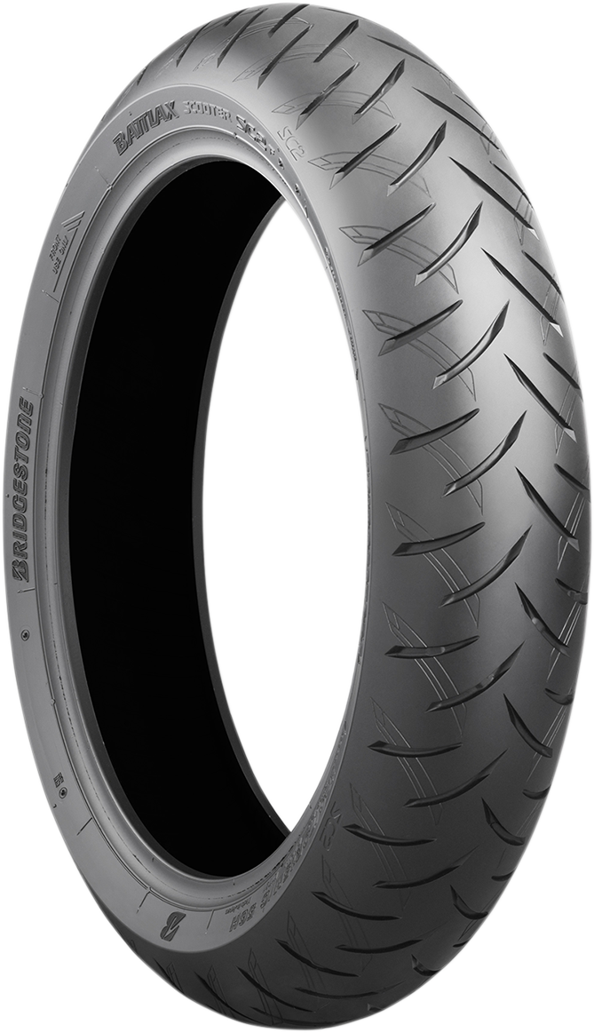 Bridgestone Battlax SC2 front scooter tire 120/70-14 55H for large cc scooters, rugged tread pattern and durable rubber surface.