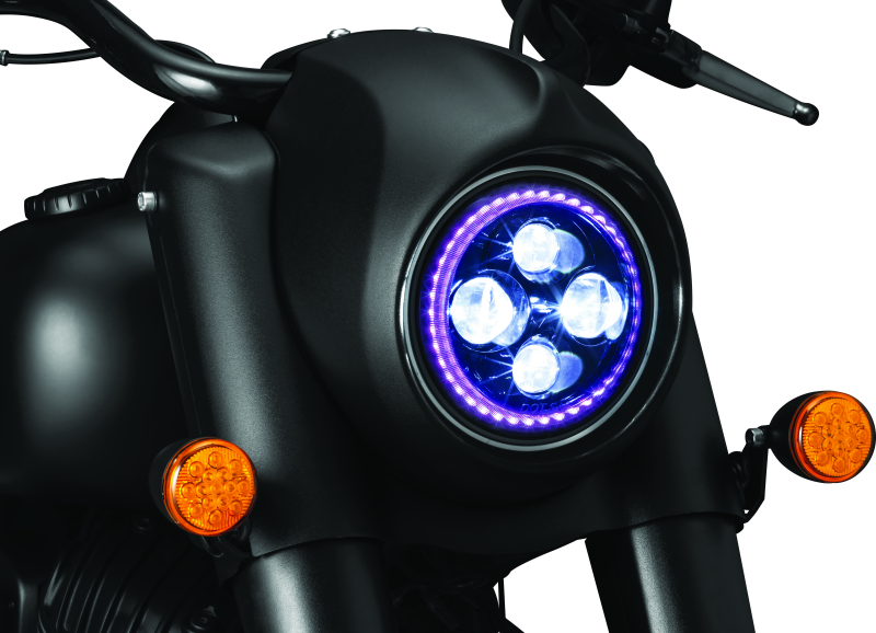 Kuryakyn Orbit Headlight Adapter for Indian Chieftain and Roadmaster motorcycles, showing the black mounting bracket and hardware