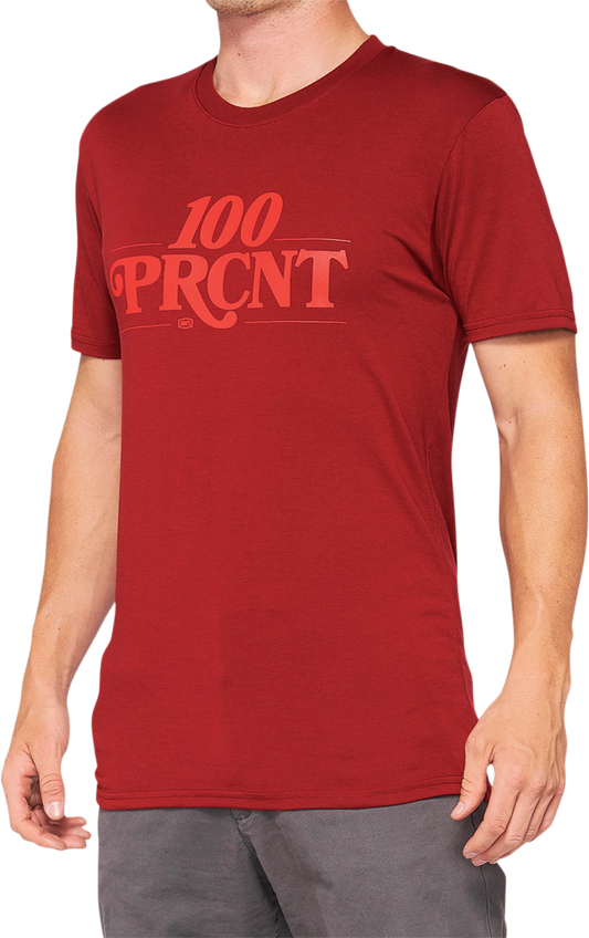 Bill's Exhausts 100% Searles Tech T-Shirt in brick color, small size, with visible logo and casual fit on model.
