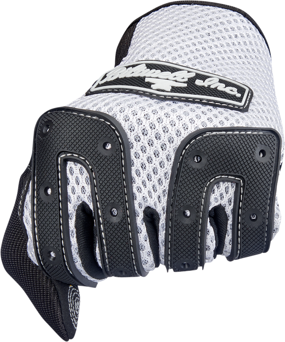White BILTWELL Anza gloves in small size, showing the motorcycle riding gloves with textured leather and branding details.