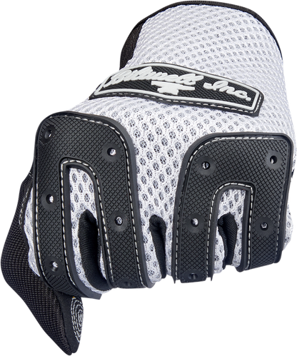 White BILT WELL Anza gloves in XL size, showing the comfortable fit and detailed design of these motorcycle gloves.