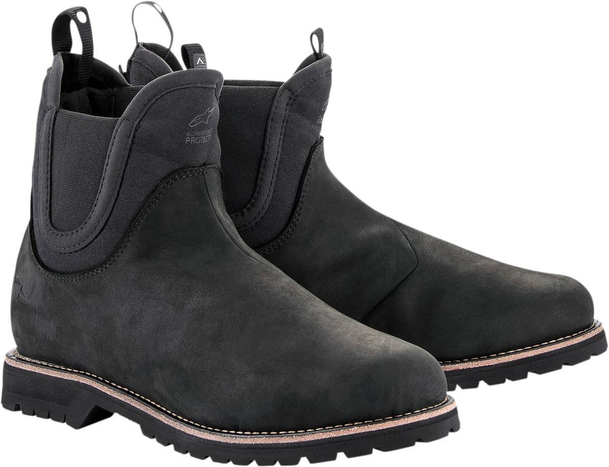 Alpinestars Turnstone motorcycle boots in black with US size 8, featuring sturdy design and protective ankle support.