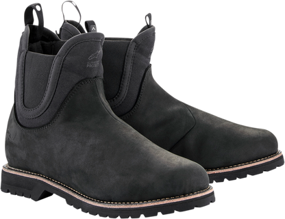 Black ALPINESTARS Turnstone motorcycle boots with sturdy design and ankle protection, US size 13.