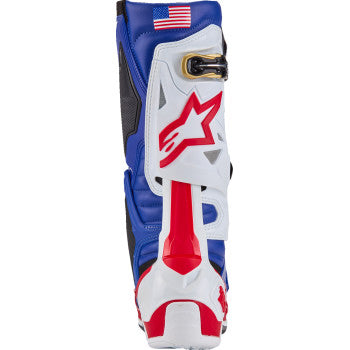 Alpinestars Union Tech 10 motorcycle boots in red, white, and blue with sturdy design and protective features, US size 9.