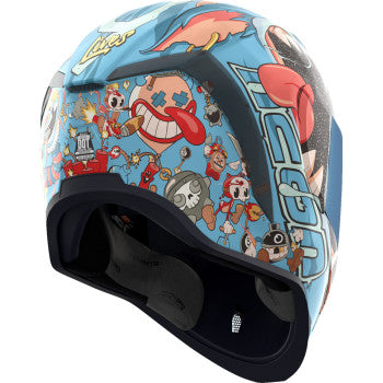 Blue ICON Airform™ Helmet in medium size with 9 Lives design, featuring a sleek helmet shape and ventilation details.