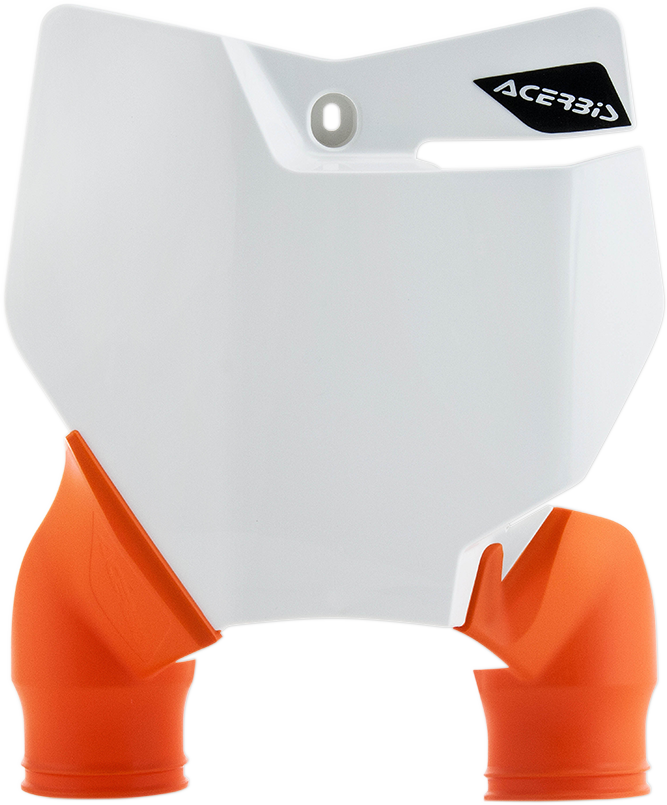 A white Acerbis Raptor number plate for motorcycle body, with black mounting holes and branding details.