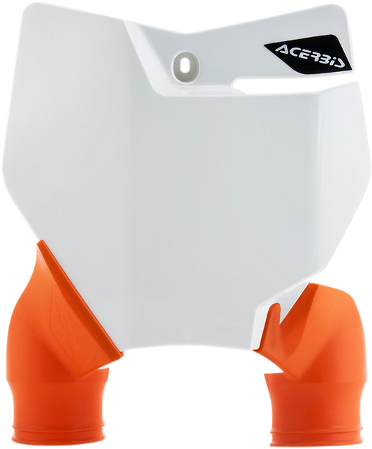 A white Acerbis Raptor number plate for motorcycle body, with black mounting holes and branding details.