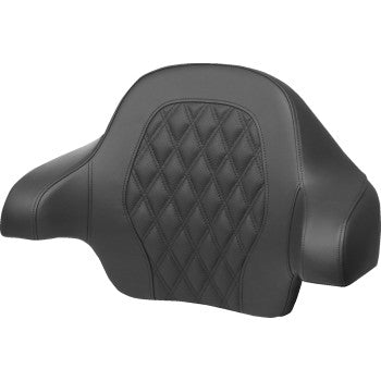 SADDLEMEN Tour-Pak Backrest Pad with blue lattice stitching on leather for FL motorcycles 2014-2024, showing detailed stitching and design.