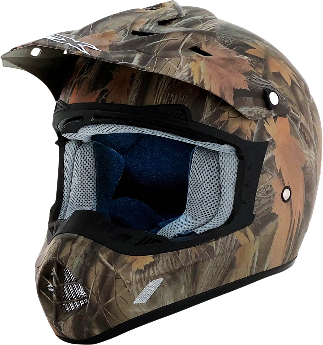 Bill's Exhausts AFX FX-17 helmet in camo with XS size, featuring a secure chin strap and full helmet design.
