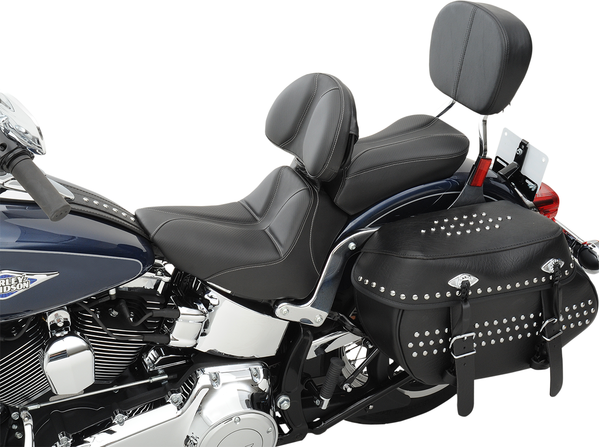 Black SADDLEMEN Dominator Solo Seat with gray stitching for FLSTC/N models 2006-2017, designed for Harley Davidson motorcycles.