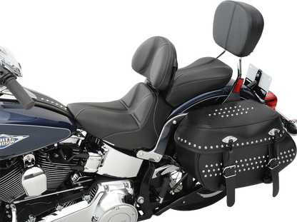 Black SADDLEMEN Dominator Solo Seat with gray stitching for FLSTC/N models 2006-2017, designed for Harley Davidson motorcycles.