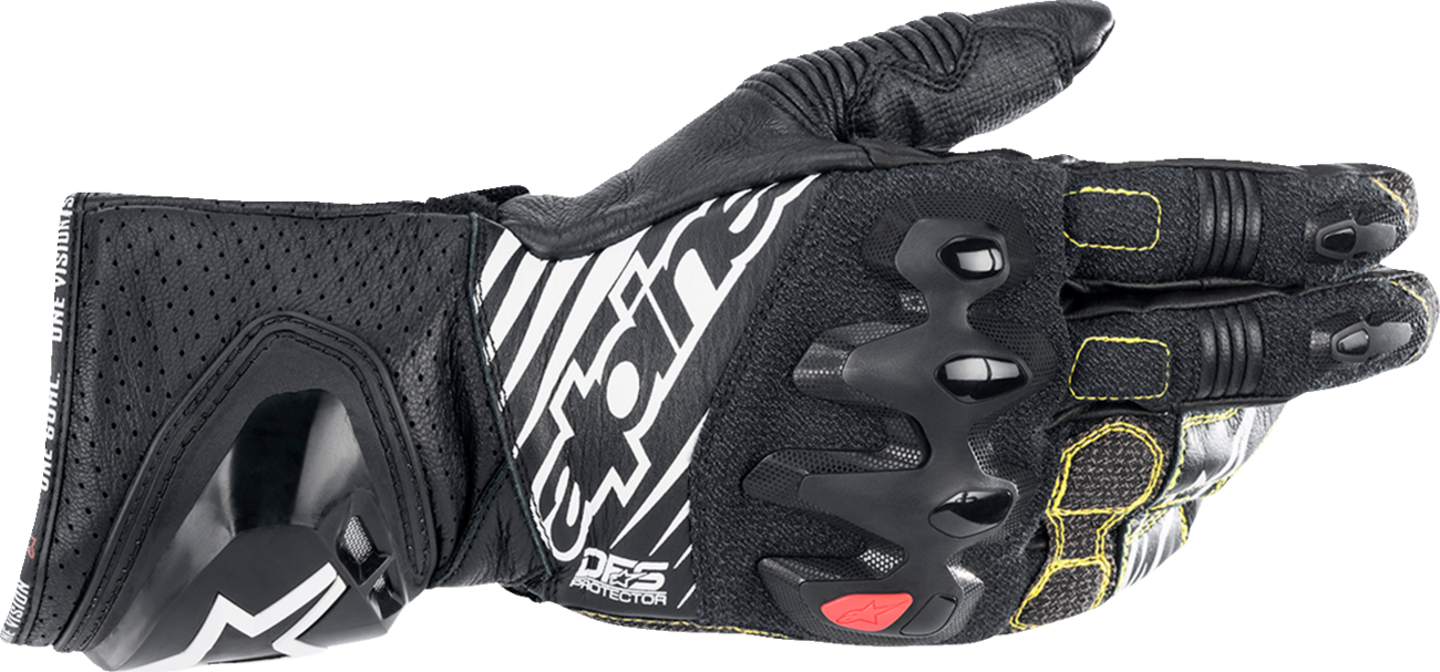 Alpinestars GP Tech V2 S motorcycle gloves in black and white, medium size, featuring protective padding and a sleek design.