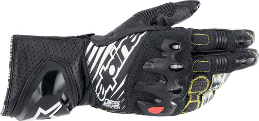 Alpinestars GP Tech V2 S motorcycle gloves in black and white, medium size, featuring protective padding and a sleek design.
