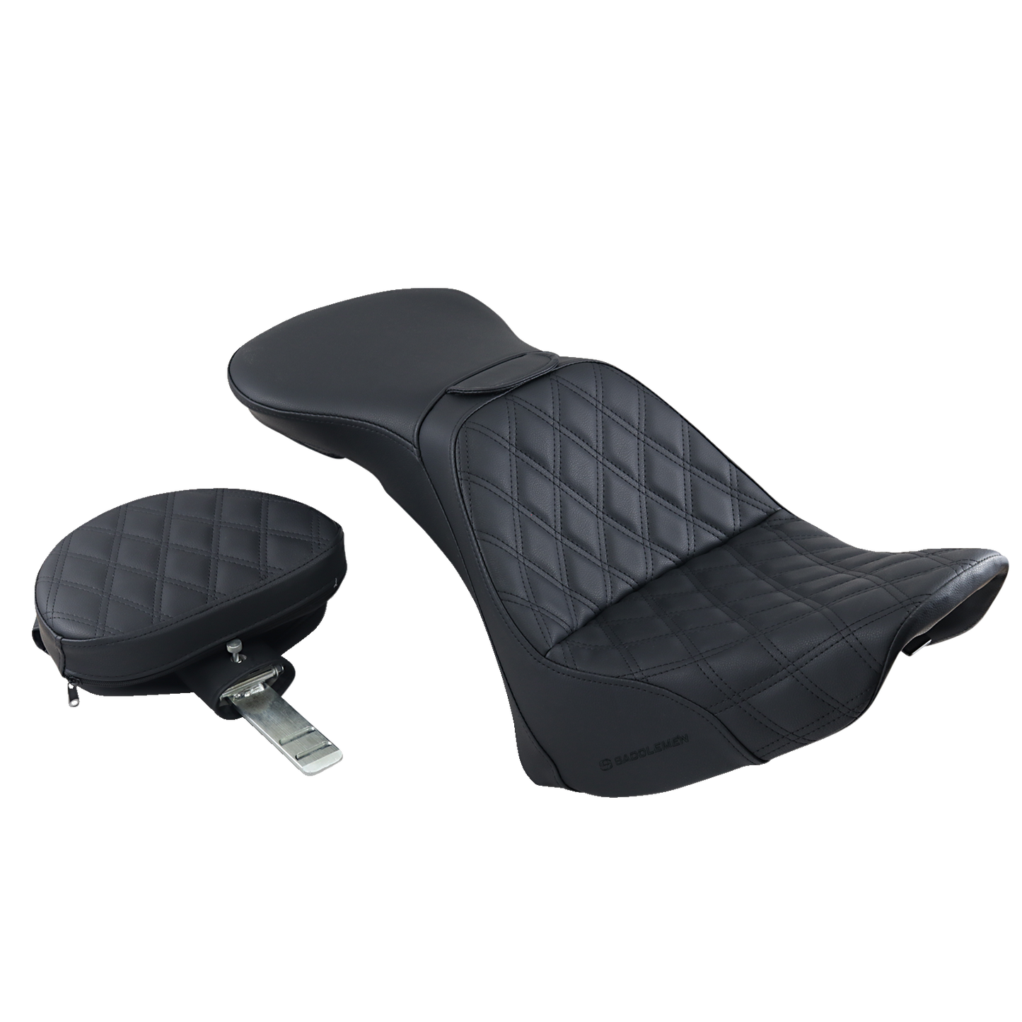 Black Saddlemens Explorer Seat with backrest and lattice stitching, designed for FLSTN motorcycles, by Bill's Exhausts.