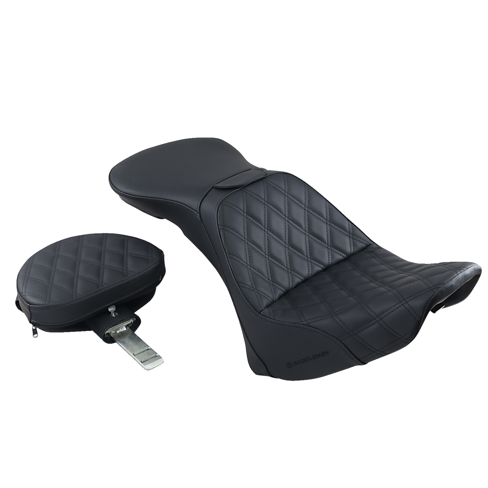 Black Saddlemens Explorer Seat with backrest and lattice stitching, designed for FLSTN motorcycles, by Bill's Exhausts.