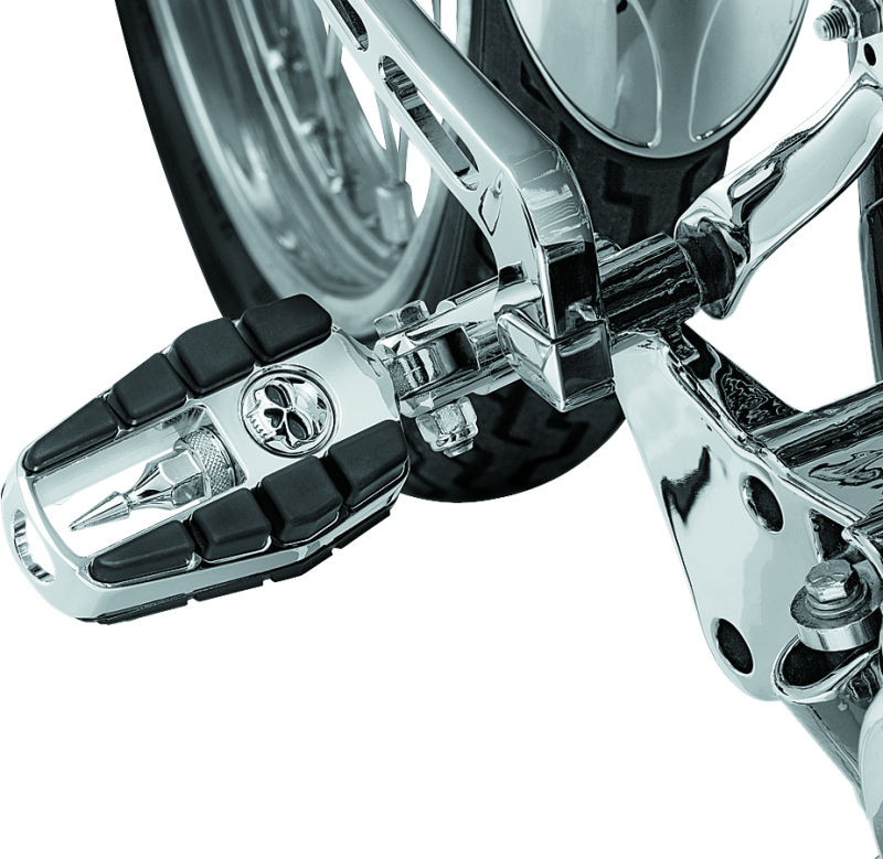 Kuryakyn Zombie Pegs with male mount on a motorcycle, chrome finish, showcasing durable, stylish motorcycle foot pegs