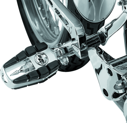 Kuryakyn Zombie Pegs with male mount on a motorcycle, chrome finish, showcasing durable, stylish motorcycle foot pegs