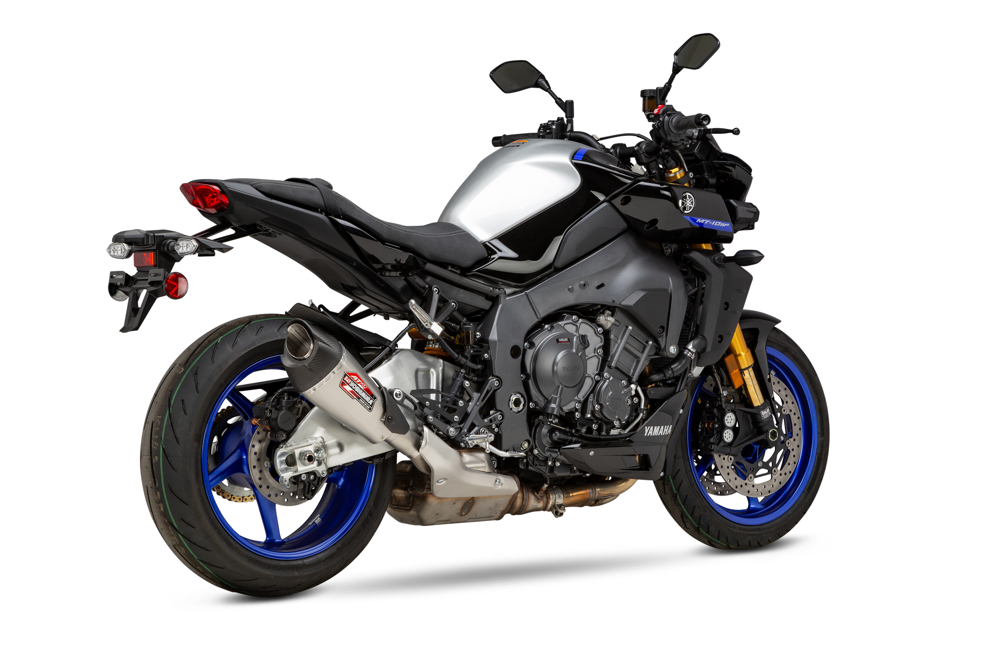 YOSHIMURA RS-12 ADV AT2 street exhaust with matte carbon fiber end cap, designed for motorcycle performance and style.