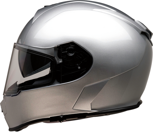 Z1R Warrant helmet in 2XL silver with polycarbonate shell and drop-down sun visor, designed for motorcycle safety and style.