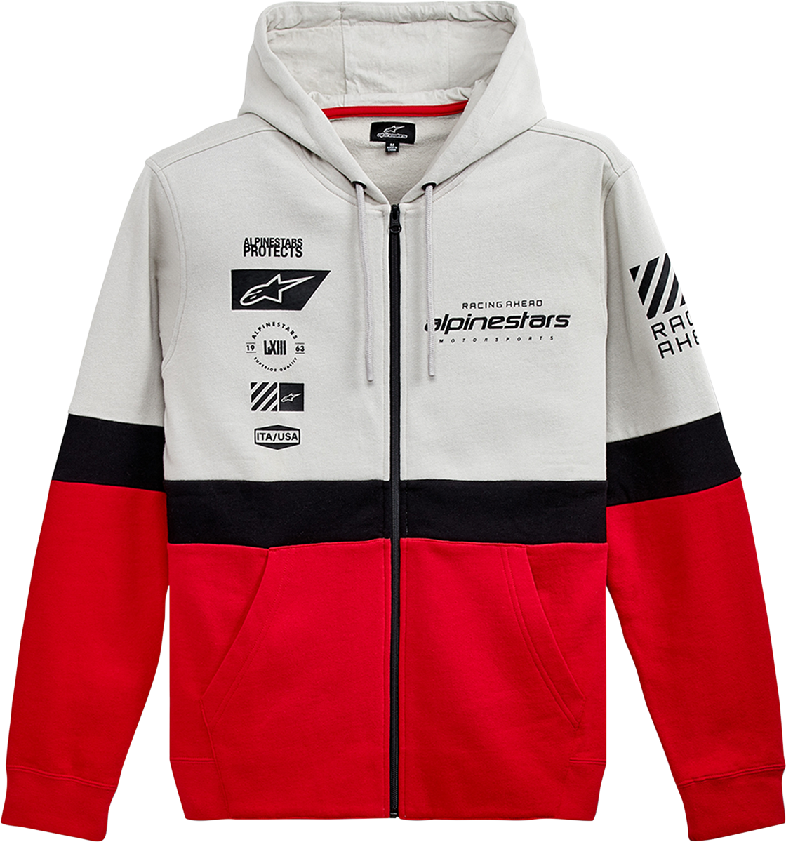 Alpinestars Position Zip Hoodie in silver, black, and red, 2XL, showing front view with zip closure and color-block design.
