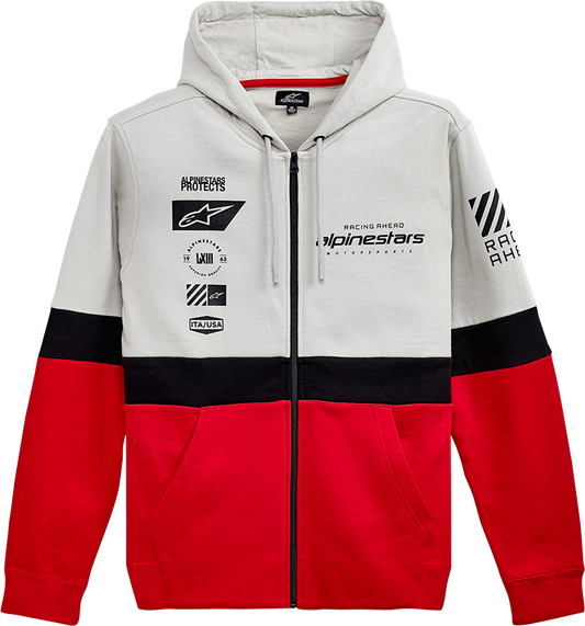 Alpinestars Position Zip Hoodie in silver, black, and red with front zipper and logo, medium size, displayed on a plain background.