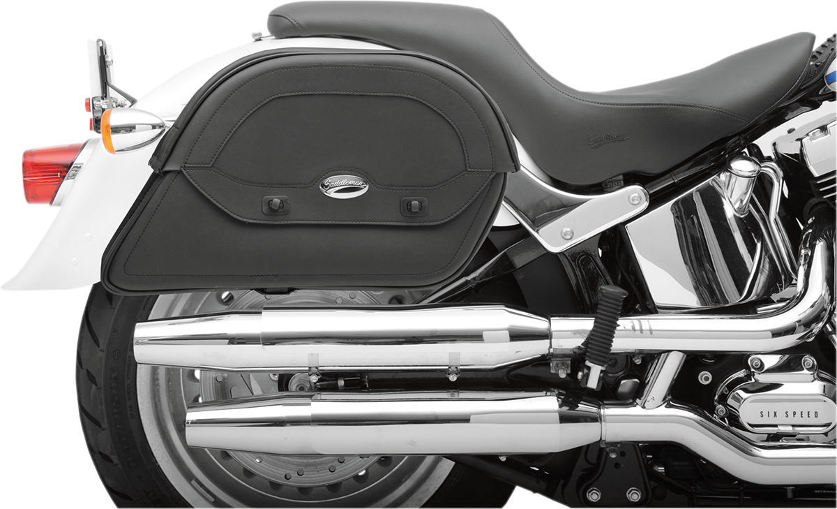 Bill's Exhausts Custom Fit Cruis'n Saddlebag seat for motorcycles, large size with detailed leather and stitching design.