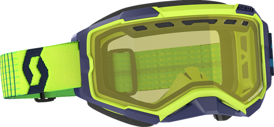 Scott Fury snow goggles with blue and yellow frame, yellow lenses, designed for winter sports and snowboarding.